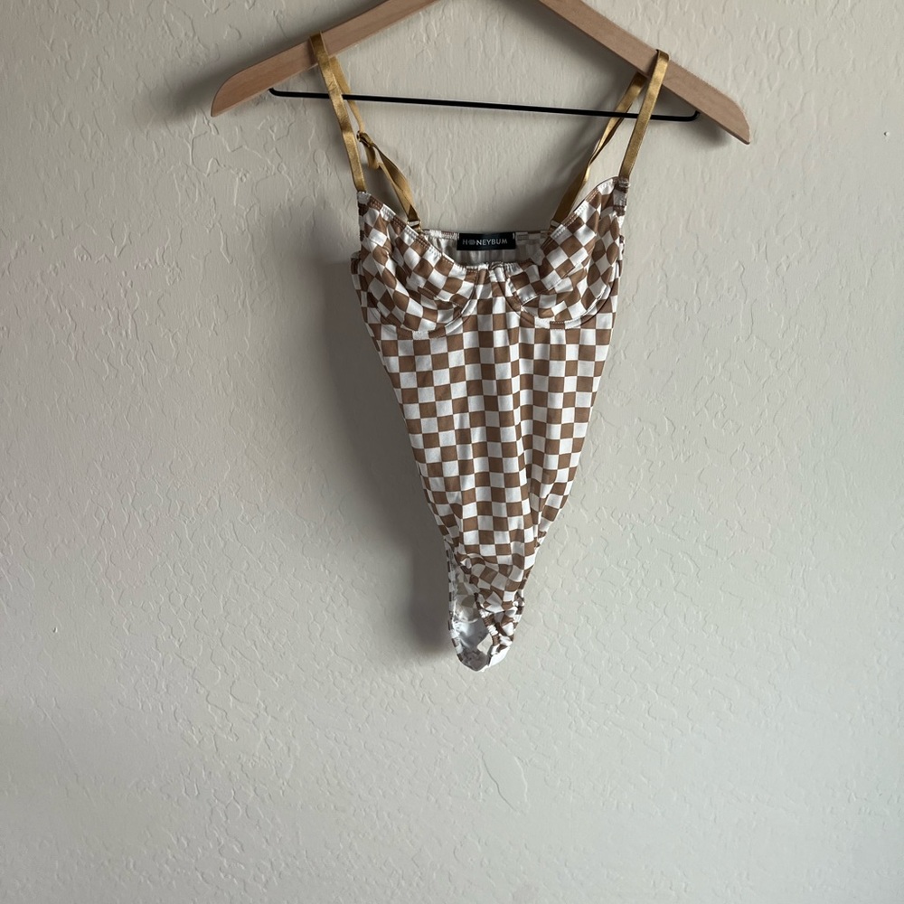 Honeybun Checkered White and Gold Bodysuit - Picture 2 of 4